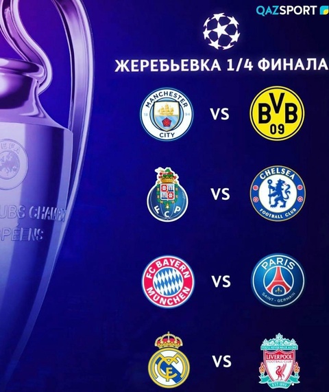 Телеканалы «Qazsport» и «Qazaqstan» покажут матчи 1/4 финала Лиги Чемпионов и Лиги Европы УЕФА в прямом эфире.