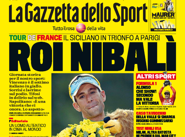 La Gazzetta dello Sport газеті Нибалидің құрметіне сары түспен шықты